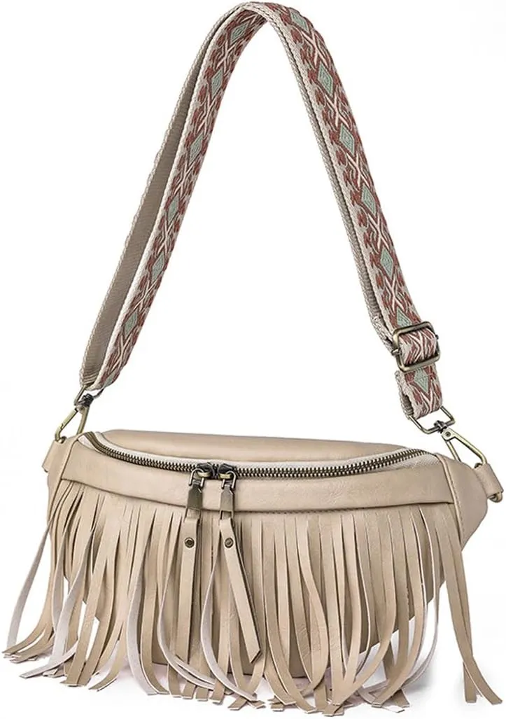 Sling Bag for Women Vintage Tassel Pleated Shell Shape Fanny Pack Crossbody Bags Multi-Way Shoulder Bag for Ladies (Beise)