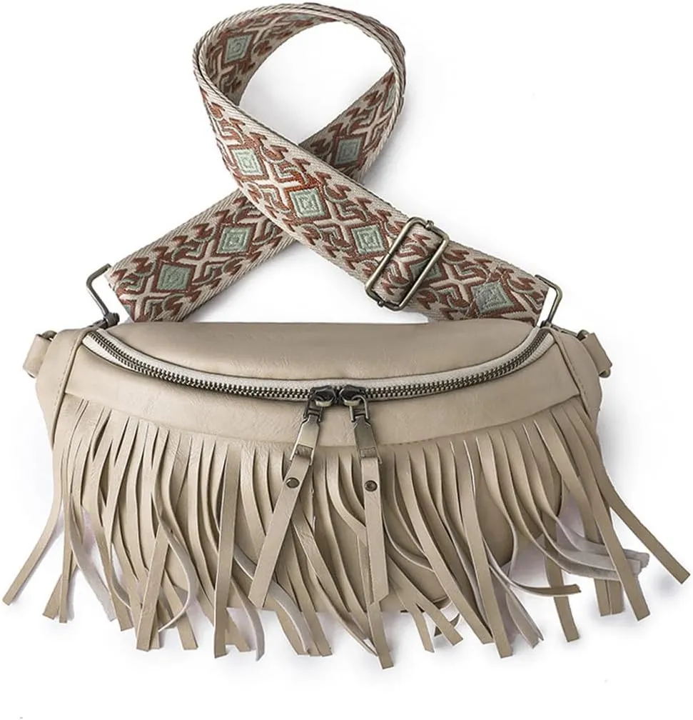 Sling Bag for Women Vintage Tassel Pleated Shell Shape Fanny Pack Crossbody Bags Multi-Way Shoulder Bag for Ladies (Beise)