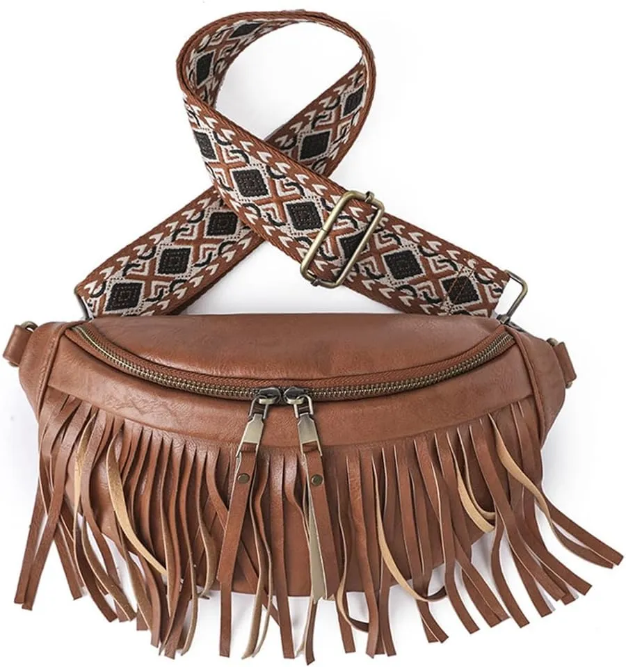 Sling Bag for Women Vintage Tassel Pleated Shell Shape Fanny Pack Crossbody Bags Multi-Way Shoulder Bag for Ladies (Brown)