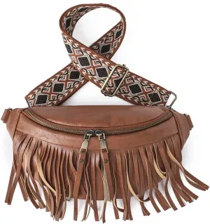 Sling Bag for Women Vintage Tassel Pleated Shell Shape Fanny Pack Crossbody Bags Multi-Way Shoulder Bag for Ladies (Brown)
