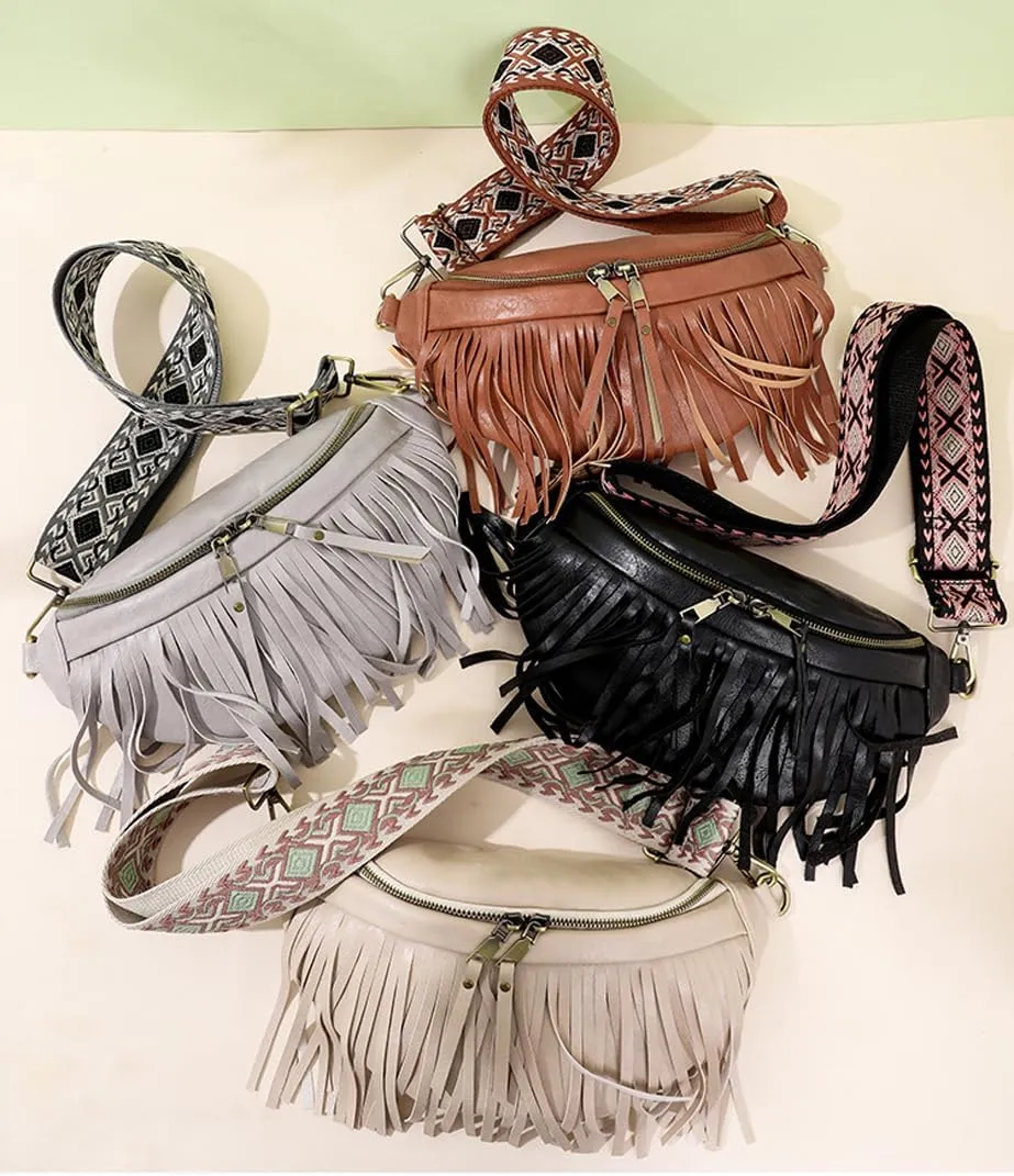 Sling Bag for Women Vintage Tassel Pleated Shell Shape Fanny Pack Crossbody Bags Multi-Way Shoulder Bag for Ladies (Brown)