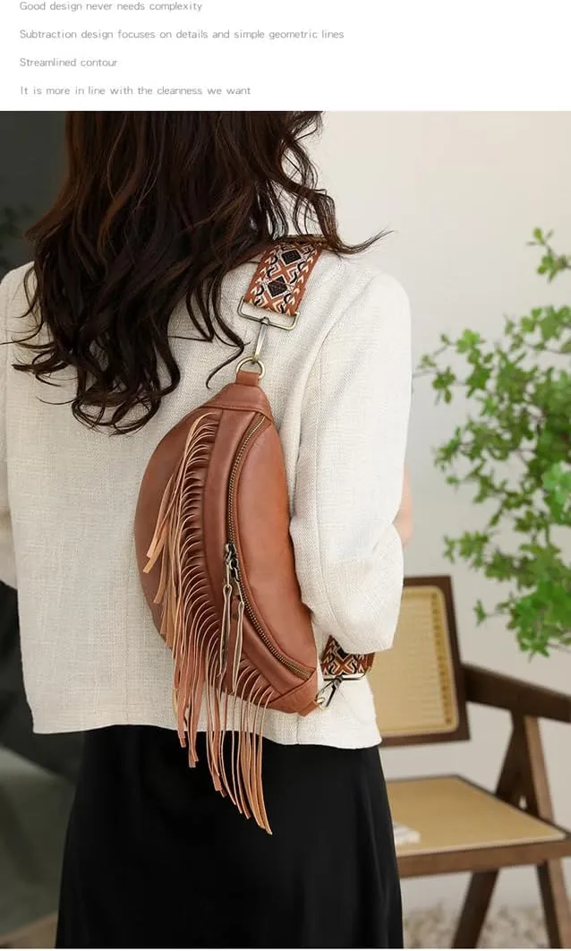 Sling Bag for Women Vintage Tassel Pleated Shell Shape Fanny Pack Crossbody Bags Multi-Way Shoulder Bag for Ladies (Brown)