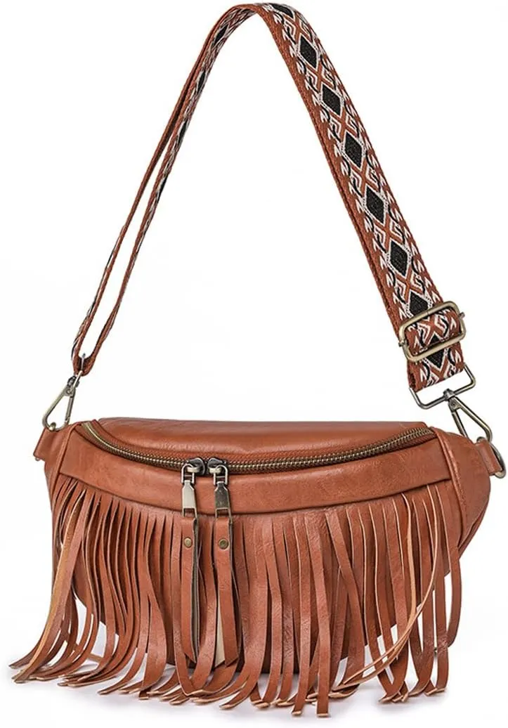 Sling Bag for Women Vintage Tassel Pleated Shell Shape Fanny Pack Crossbody Bags Multi-Way Shoulder Bag for Ladies (Brown)