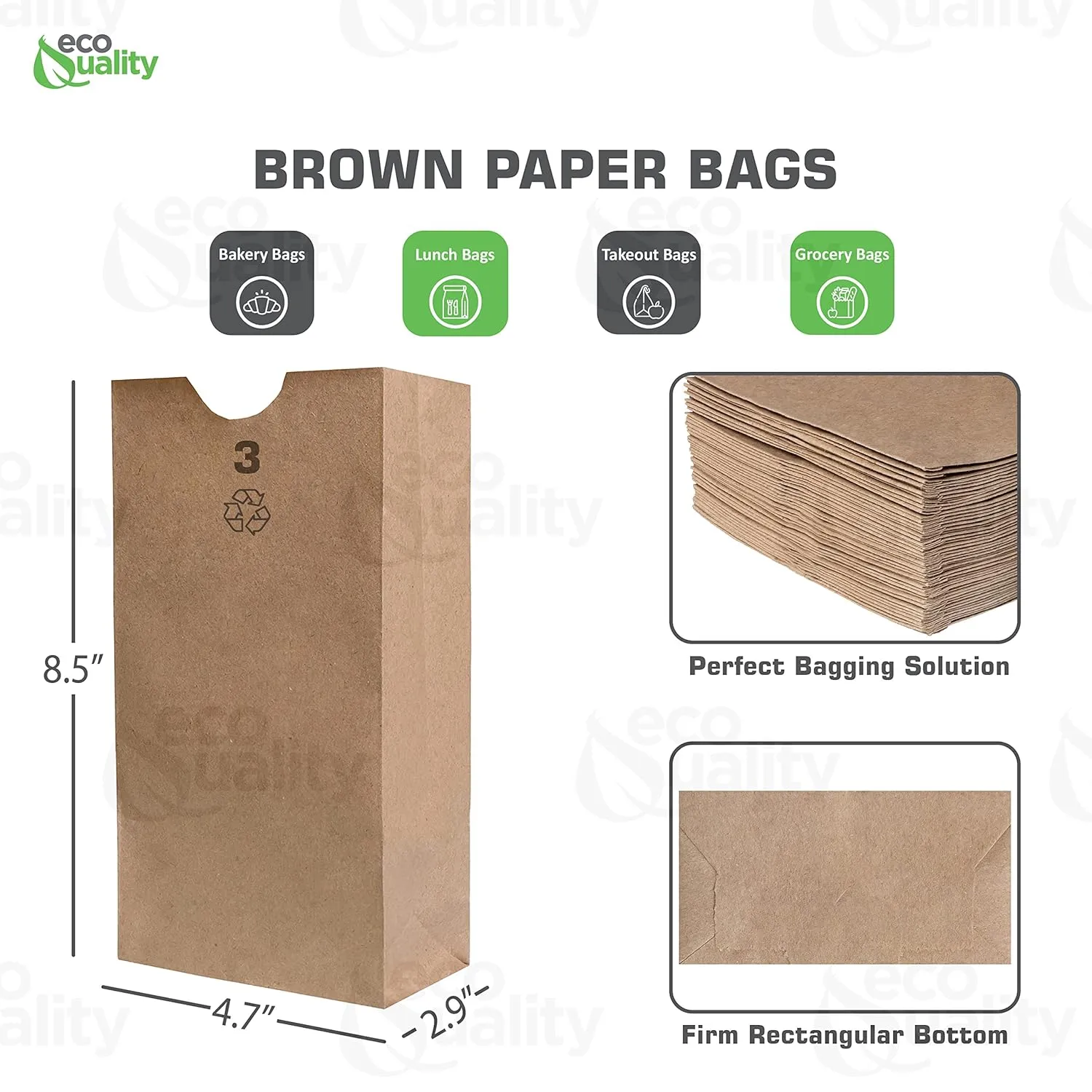 Small Brown Kraft Paper Bag (3 lb) Small - Paper Lunch Bags, Small Snacks, Gift Bags, Grocery, Merchandise, Party Bags (4-3/4" x 2-15/16" x 8-9/16) (3 Pound Capacity) by EcoQuality (200)