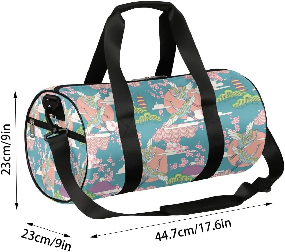Small Gym Duffel Bags 17.8×9×9 Crane Cherry Asian Culture Gym Bag for Men Women Overnight Weekender Bag Lightweight Sport Duffle Bag Carry On Gymbag
