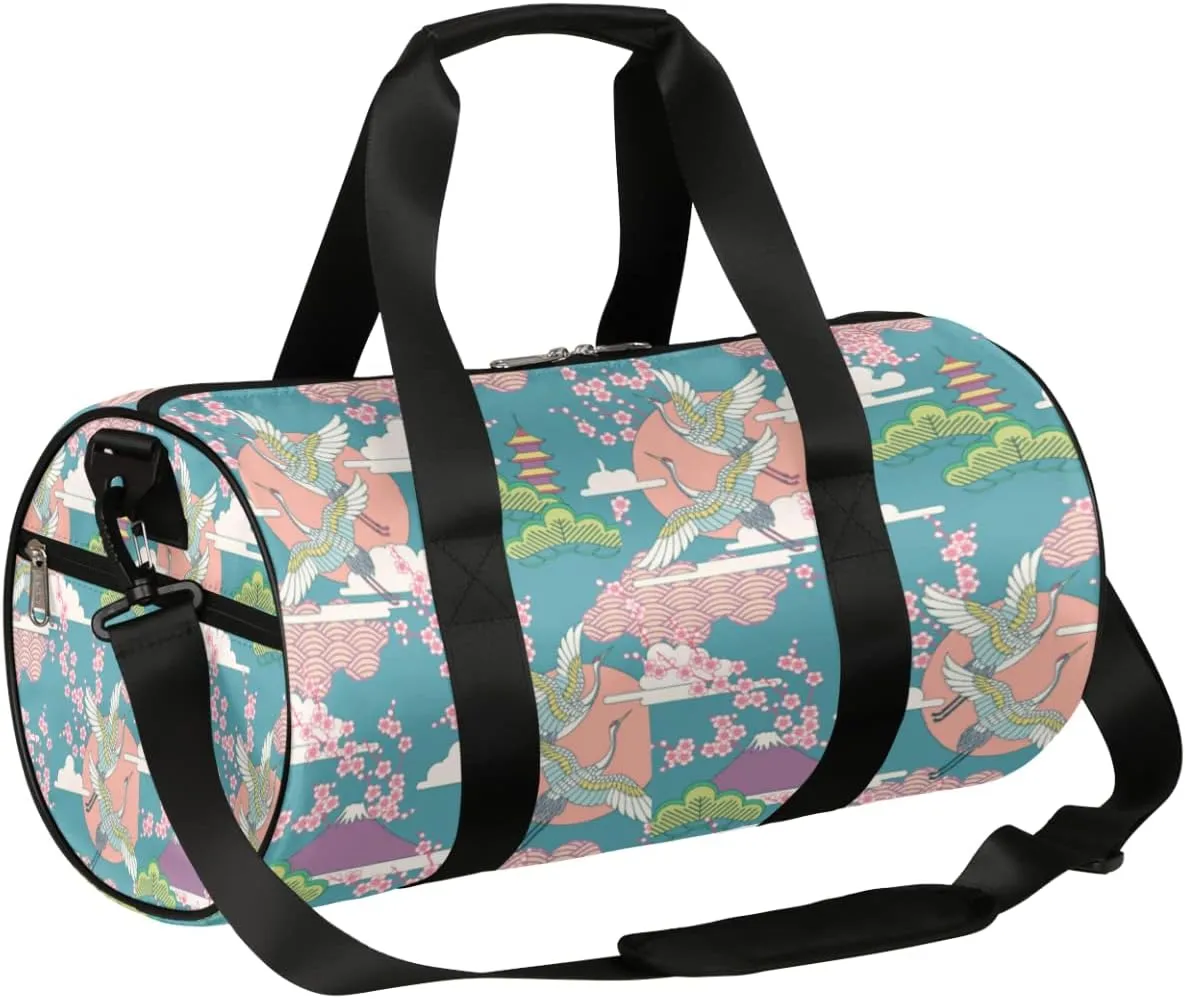 Small Gym Duffel Bags 17.8×9×9 Crane Cherry Asian Culture Gym Bag for Men Women Overnight Weekender Bag Lightweight Sport Duffle Bag Carry On Gymbag