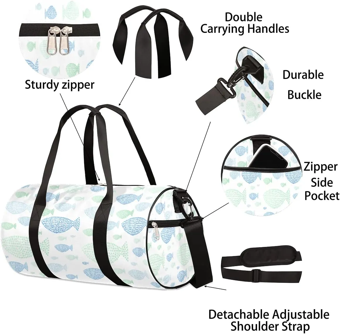 Small Gym Duffel Bags 17.8×9×9 Fish Silhouette Dots Gym Bag for Men Women Overnight Weekender Bag Lightweight Sport Duffle Bag Carry On Gymbag