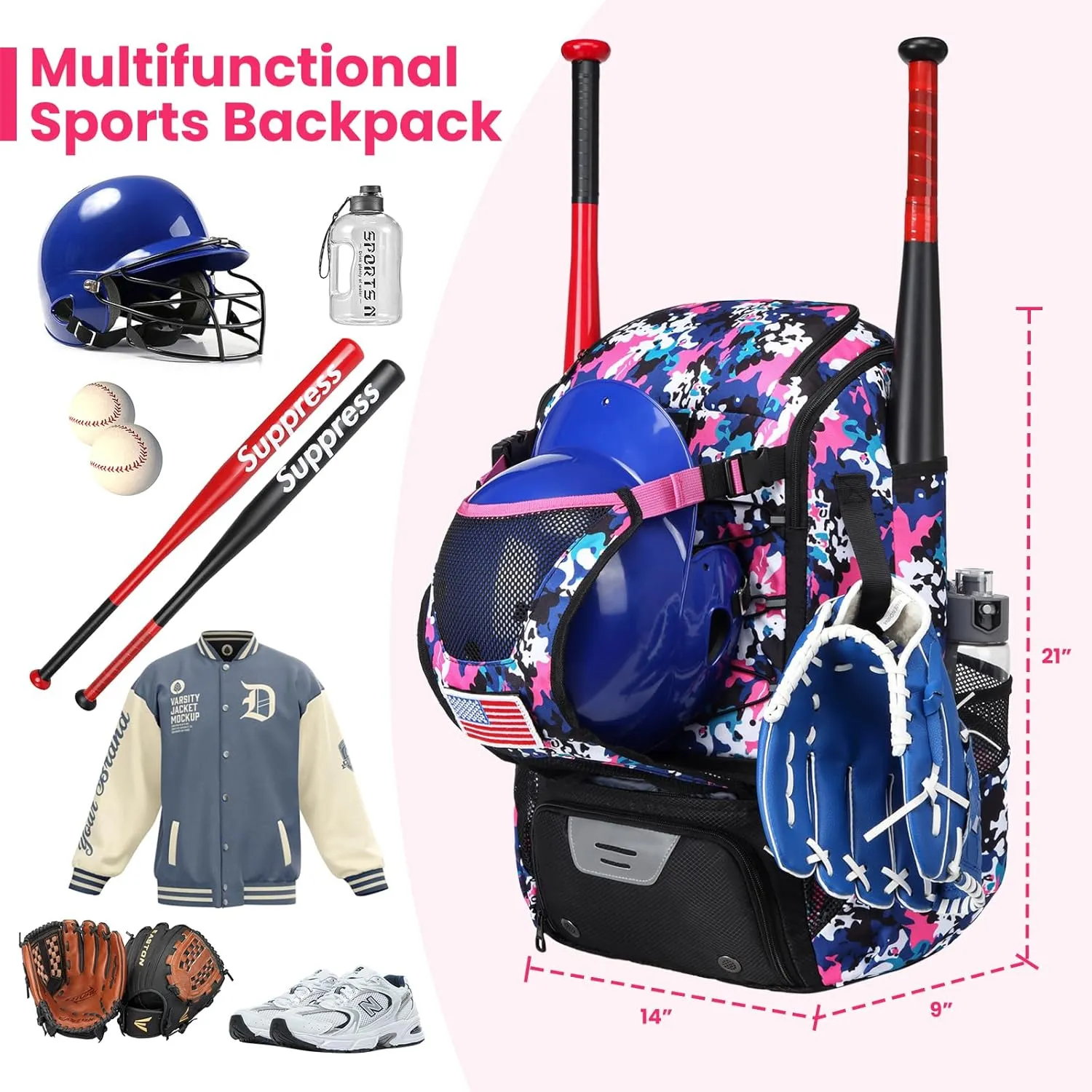 Softball Bag,Softball Bat Bag For Youth Adults,Baseball Bag with Fence Hook for TBall Bat & Equipment,Lightweight Baseball Bat Backpack with Shoe Compartment,Large Main Compartment for Helmet