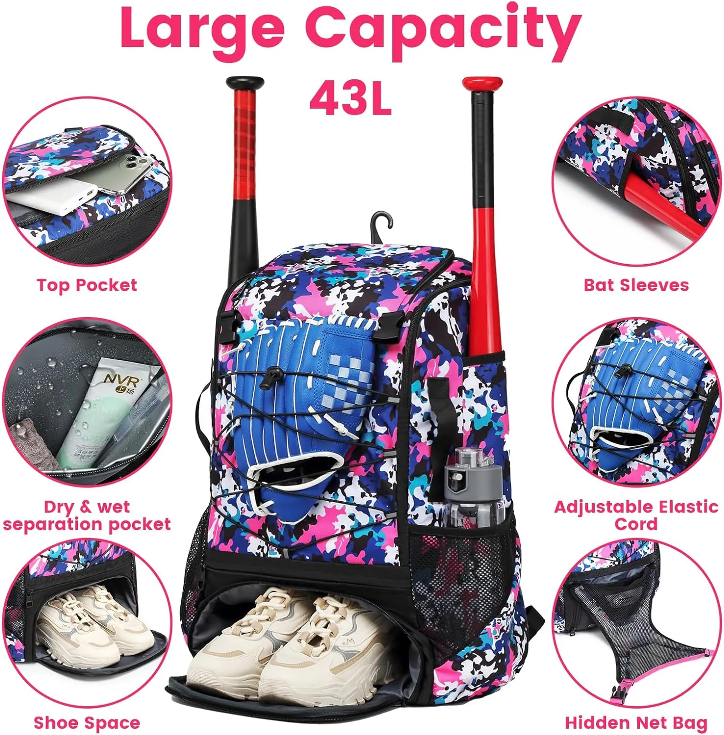 Softball Bag,Softball Bat Bag For Youth Adults,Baseball Bag with Fence Hook for TBall Bat & Equipment,Lightweight Baseball Bat Backpack with Shoe Compartment,Large Main Compartment for Helmet
