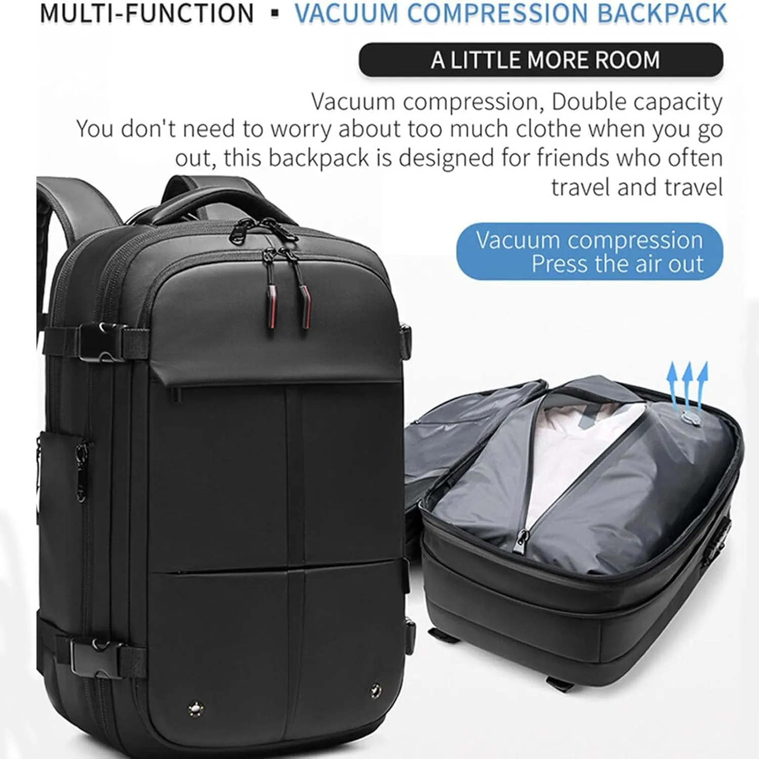 SpaceVac Backpack, Space Vac Travel Vacuum Bags, 60l Expandable Backpack, Water Resistant, Anti Theft, with Electric Air Pump (Classic-Grey)