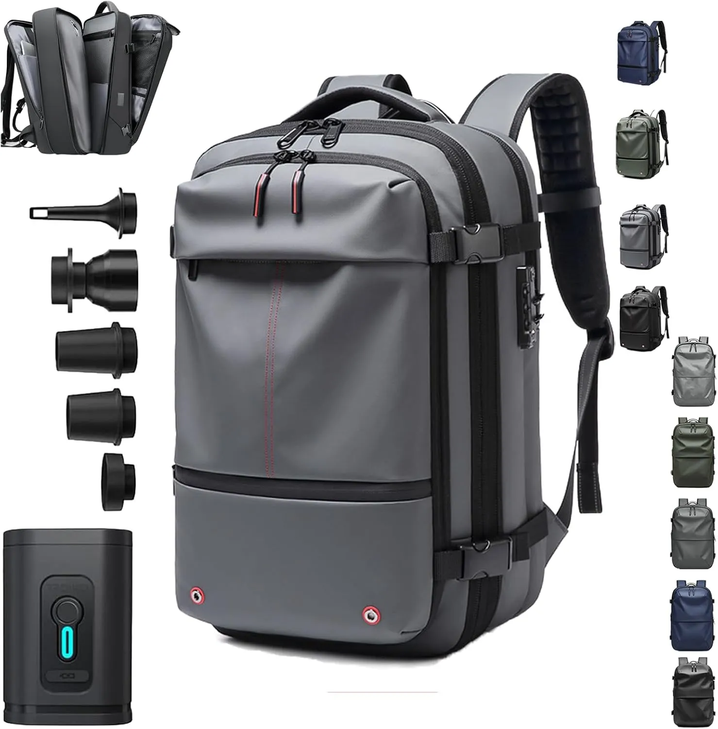SpaceVac Backpack, Space Vac Travel Vacuum Bags, 60l Expandable Backpack, Water Resistant, Anti Theft, with Electric Air Pump (Classic-Grey)