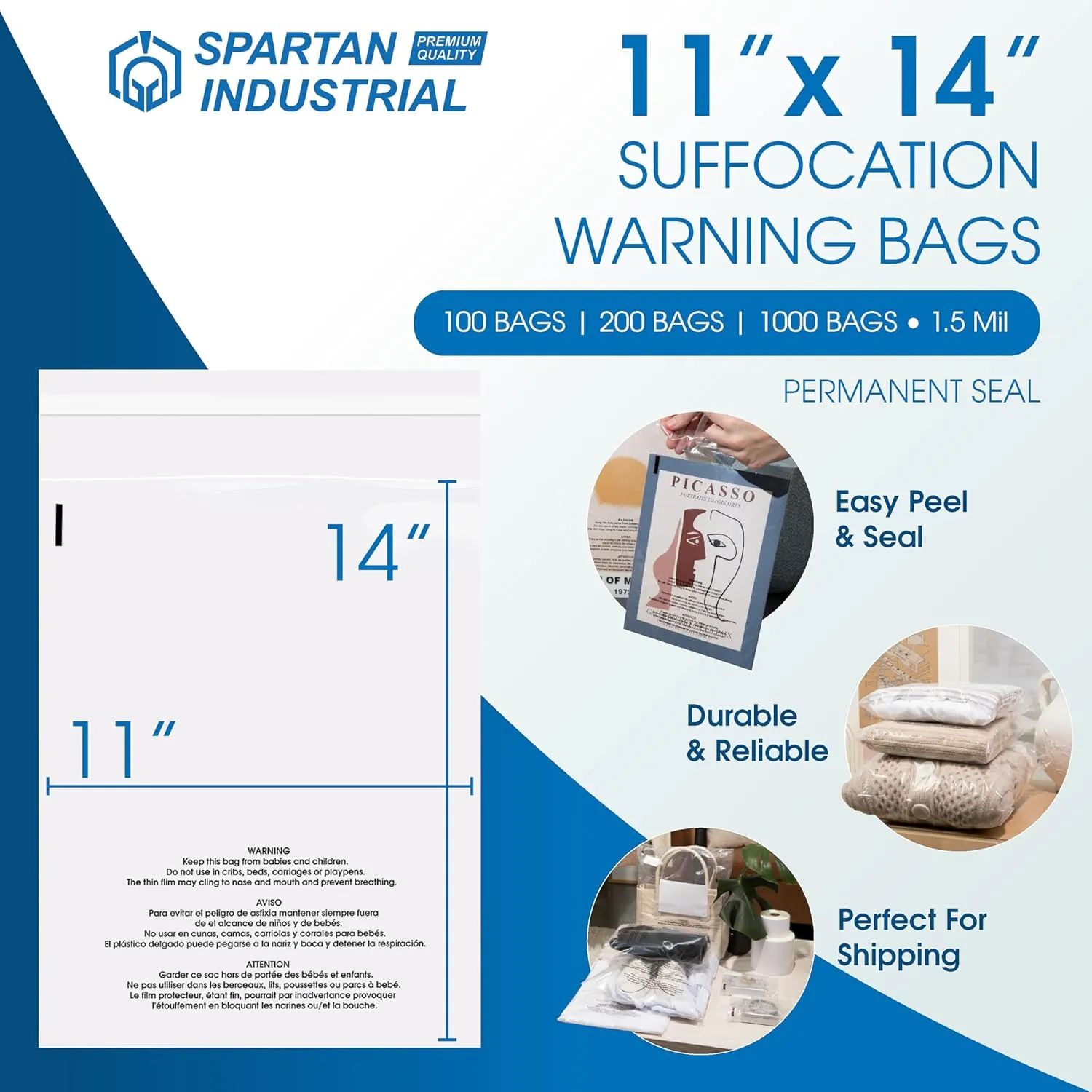 Spartan Industrial - 11” X 14” (200 Count) Self Seal Clear Poly Bags with Suffocation Warning for Packaging, T Shirts - Permanent Adhesive