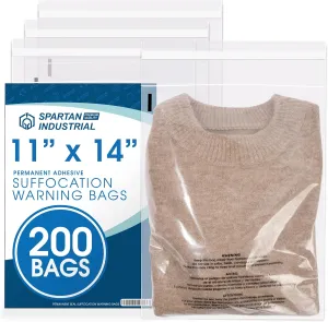 Spartan Industrial - 11” X 14” (200 Count) Self Seal Clear Poly Bags with Suffocation Warning for Packaging, T Shirts - Permanent Adhesive