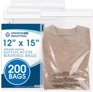 Spartan Industrial - 12” X 15” (200 Count) Self Seal Clear Poly Bags with Suffocation Warning for Packaging, T-Shirts & Clothing - Permanent Adhesive