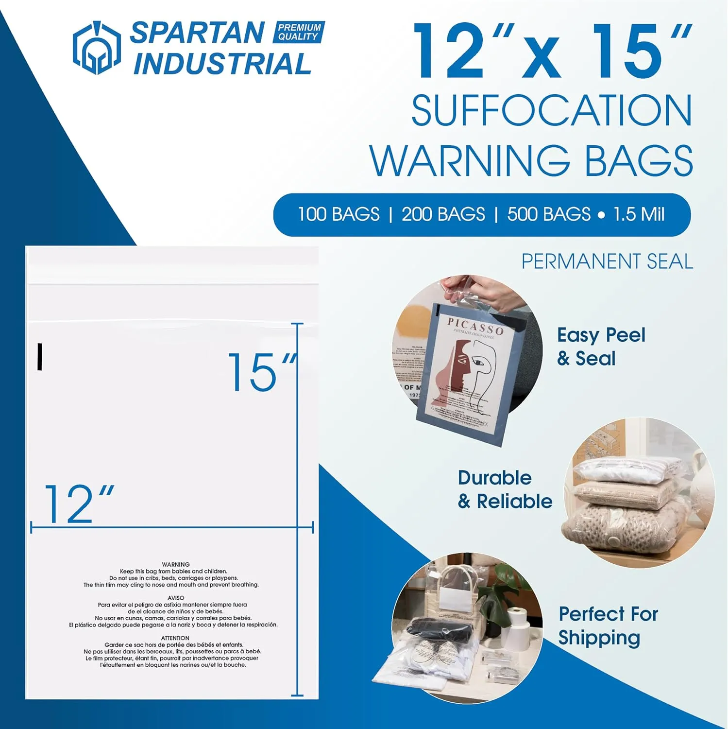 Spartan Industrial - 12” X 15” (200 Count) Self Seal Clear Poly Bags with Suffocation Warning for Packaging, T-Shirts & Clothing - Permanent Adhesive