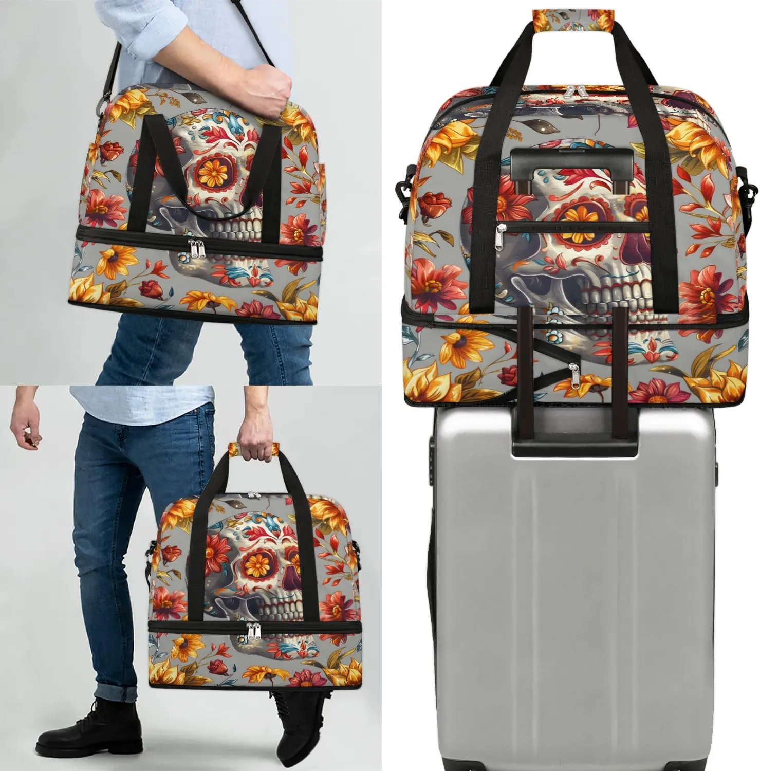 Sports Duffel Bag, Foldable Gothic Skull Travel Duffel Bag, Gym Yoga Beach Bag Weekender Overnight Bag with Shoes Compartment for Men Women, Halloween Scary Skull Flowers Floral