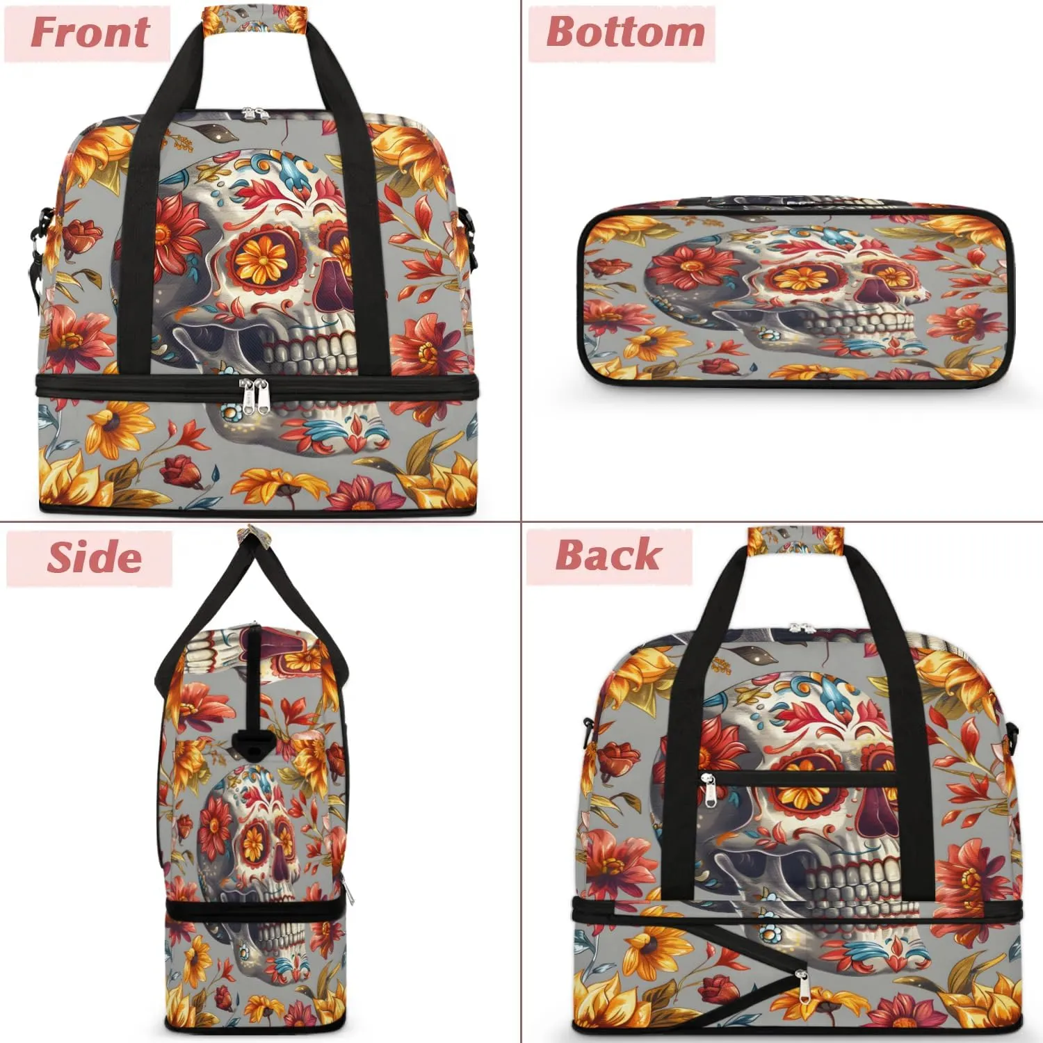 Sports Duffel Bag, Foldable Gothic Skull Travel Duffel Bag, Gym Yoga Beach Bag Weekender Overnight Bag with Shoes Compartment for Men Women, Halloween Scary Skull Flowers Floral