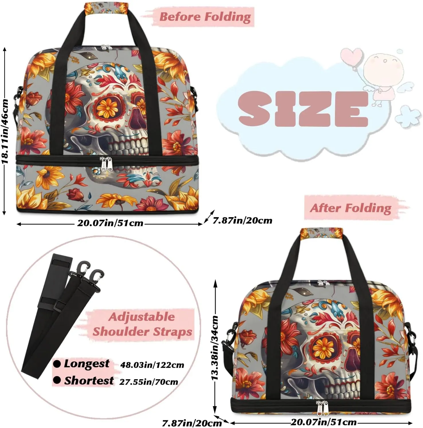 Sports Duffel Bag, Foldable Gothic Skull Travel Duffel Bag, Gym Yoga Beach Bag Weekender Overnight Bag with Shoes Compartment for Men Women, Halloween Scary Skull Flowers Floral