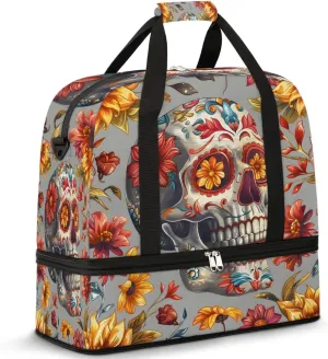 Sports Duffel Bag, Foldable Gothic Skull Travel Duffel Bag, Gym Yoga Beach Bag Weekender Overnight Bag with Shoes Compartment for Men Women, Halloween Scary Skull Flowers Floral