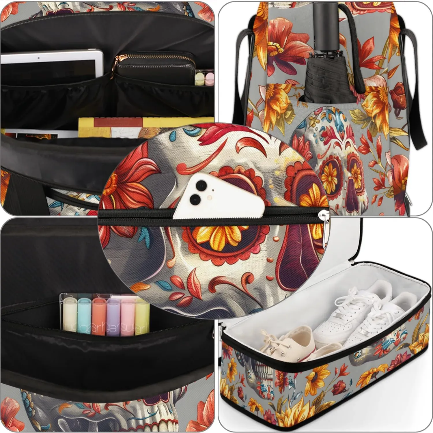 Sports Duffel Bag, Foldable Gothic Skull Travel Duffel Bag, Gym Yoga Beach Bag Weekender Overnight Bag with Shoes Compartment for Men Women, Halloween Scary Skull Flowers Floral