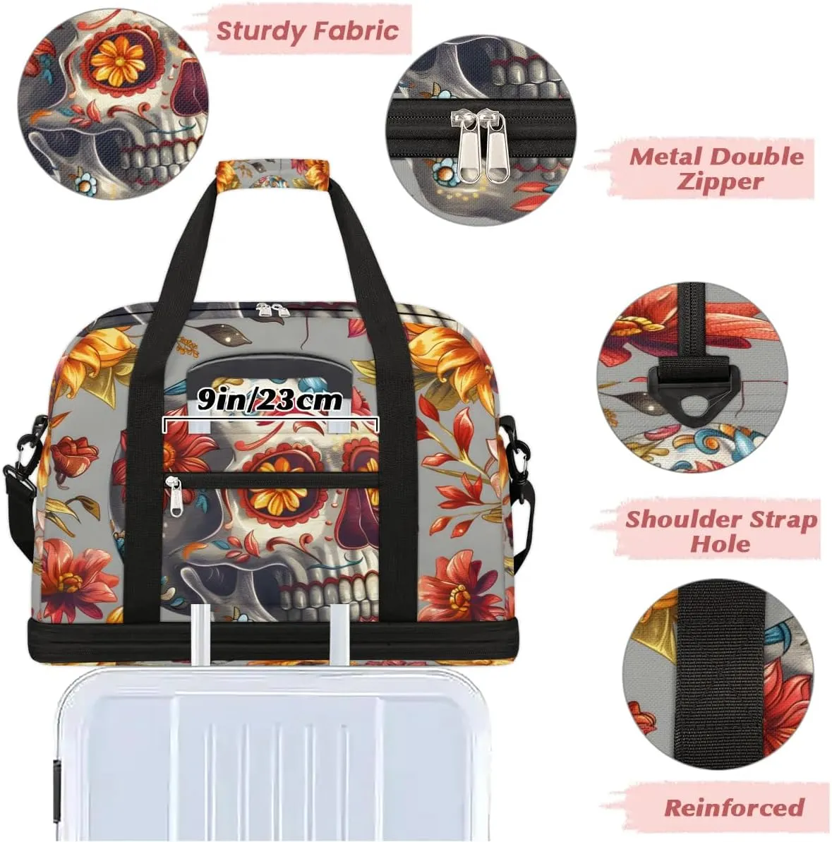 Sports Duffel Bag, Foldable Gothic Skull Travel Duffel Bag, Gym Yoga Beach Bag Weekender Overnight Bag with Shoes Compartment for Men Women, Halloween Scary Skull Flowers Floral
