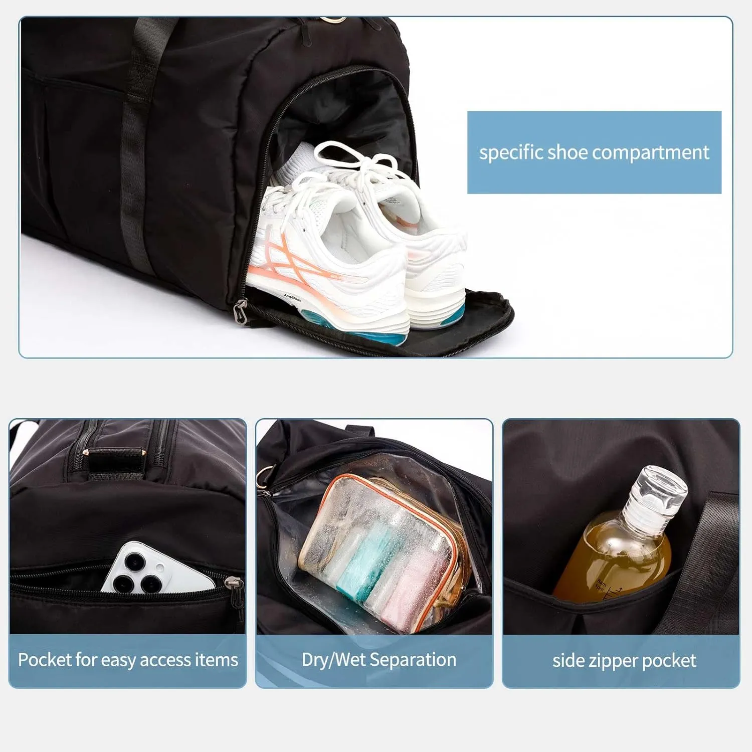 Sports Duffel Bags with Cosmetic Gym Bag for Women Men Travelling Waterproof Bag with Wet Pocket and Shoe Compartment