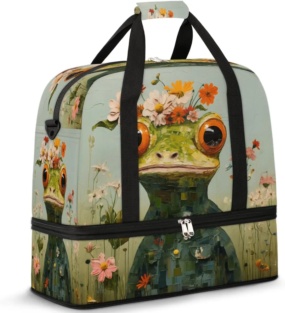 Springtime Frog Travel Duffel Bag, Travel Essentials, Gym Bag for Women, Weekender Overnight Bag With Shoes Compartment, Carry On Bags for Airplanes