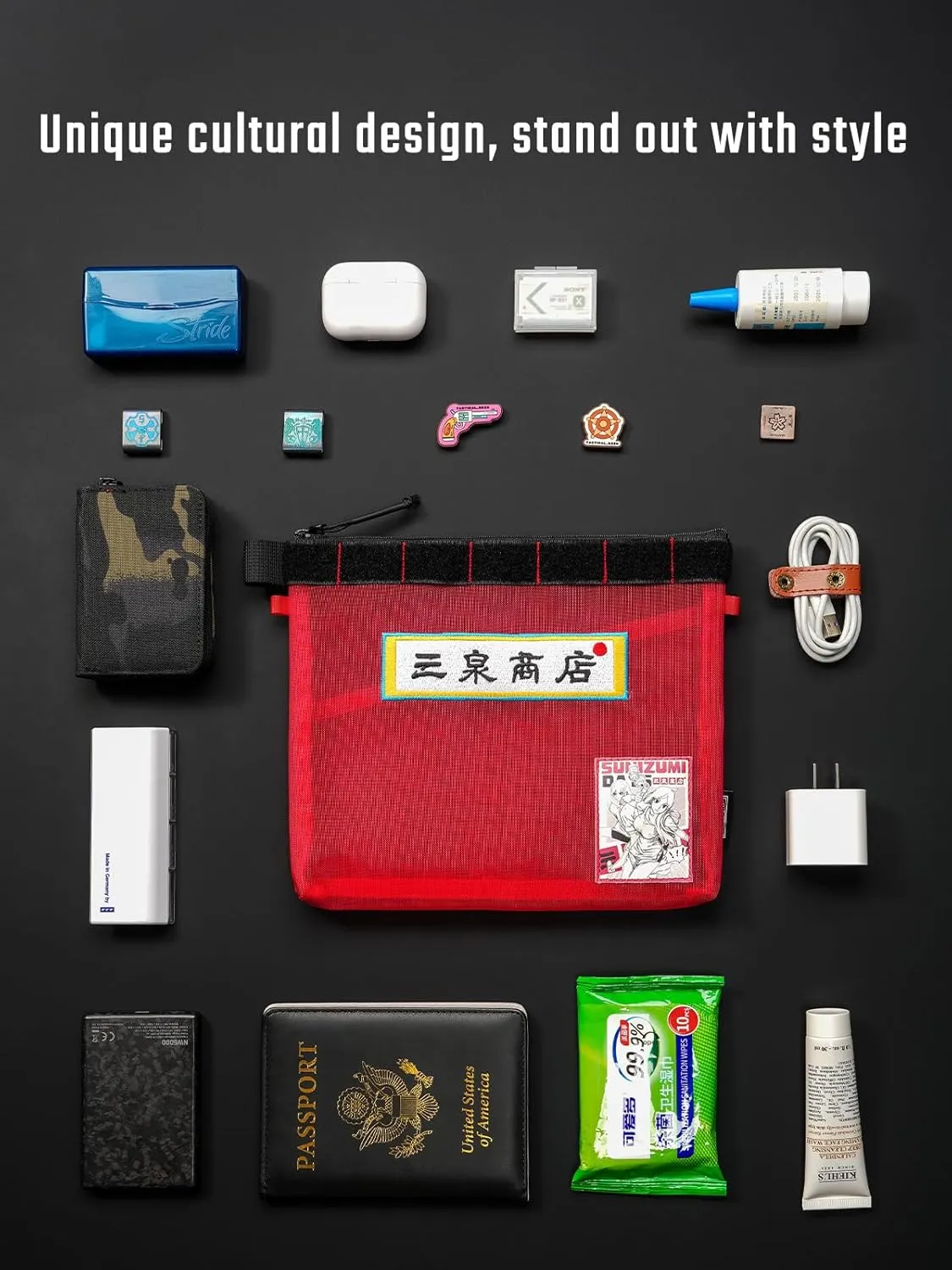 Storage A11 & Sunizumi Shoten Collaborative EDC Organizer Pouch: Manga-Style Semi-Transparent Mesh Bag for Digital Tool Organization