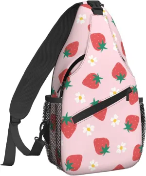 Strawberry Flowers Sling Bag for Women Crossbody Shoulder Bag Casual Daypack Backpacks Men Chest Bag Gym Cycling Travel Hiking