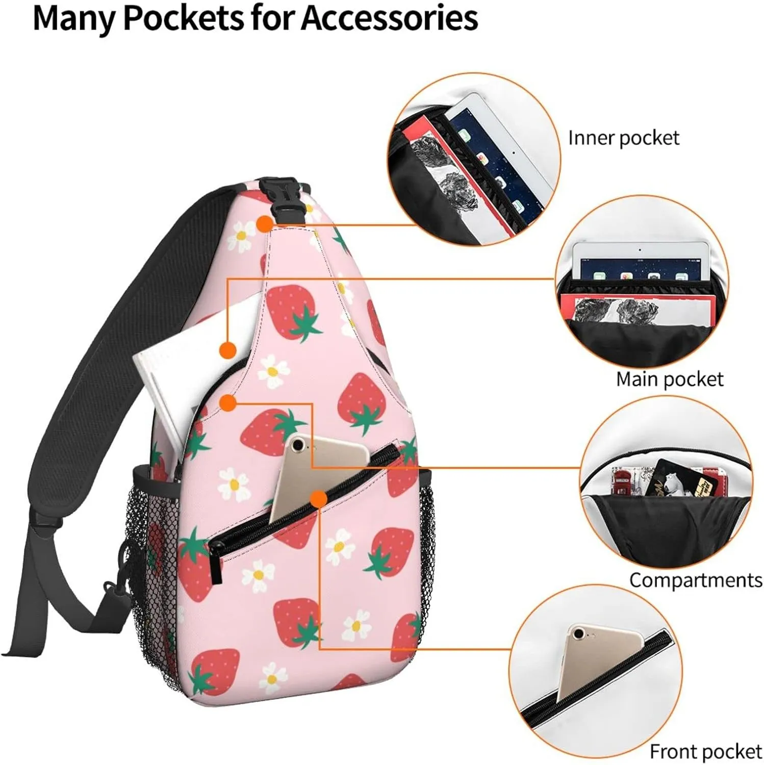 Strawberry Flowers Sling Bag for Women Crossbody Shoulder Bag Casual Daypack Backpacks Men Chest Bag Gym Cycling Travel Hiking
