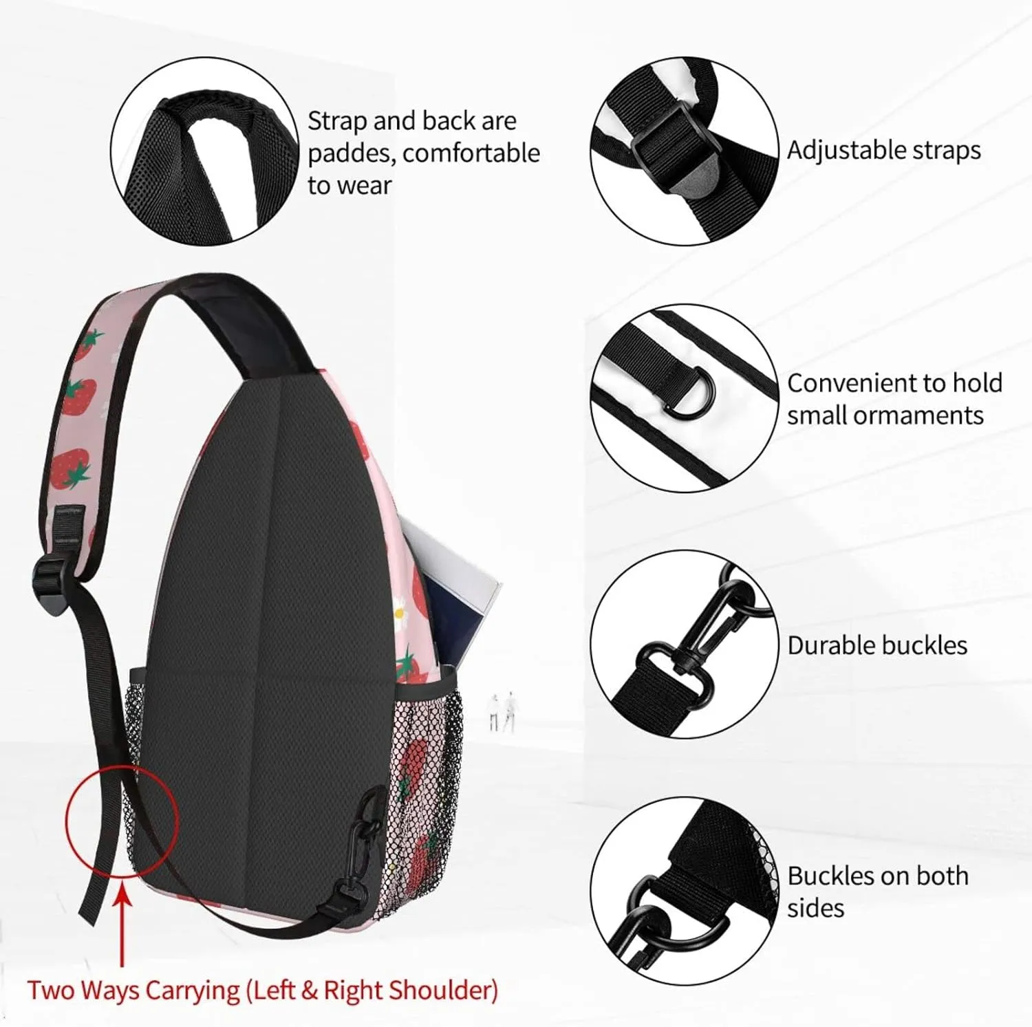 Strawberry Flowers Sling Bag for Women Crossbody Shoulder Bag Casual Daypack Backpacks Men Chest Bag Gym Cycling Travel Hiking