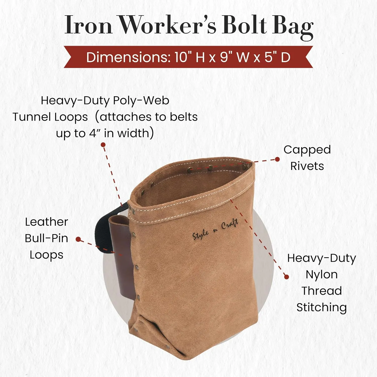 Style n Craft Iron Worker’s Bolt Bag with Double Bull Pin Leather Loops, Heavy-Duty Suede Leather Tool Bag, Dark Tan (88515)