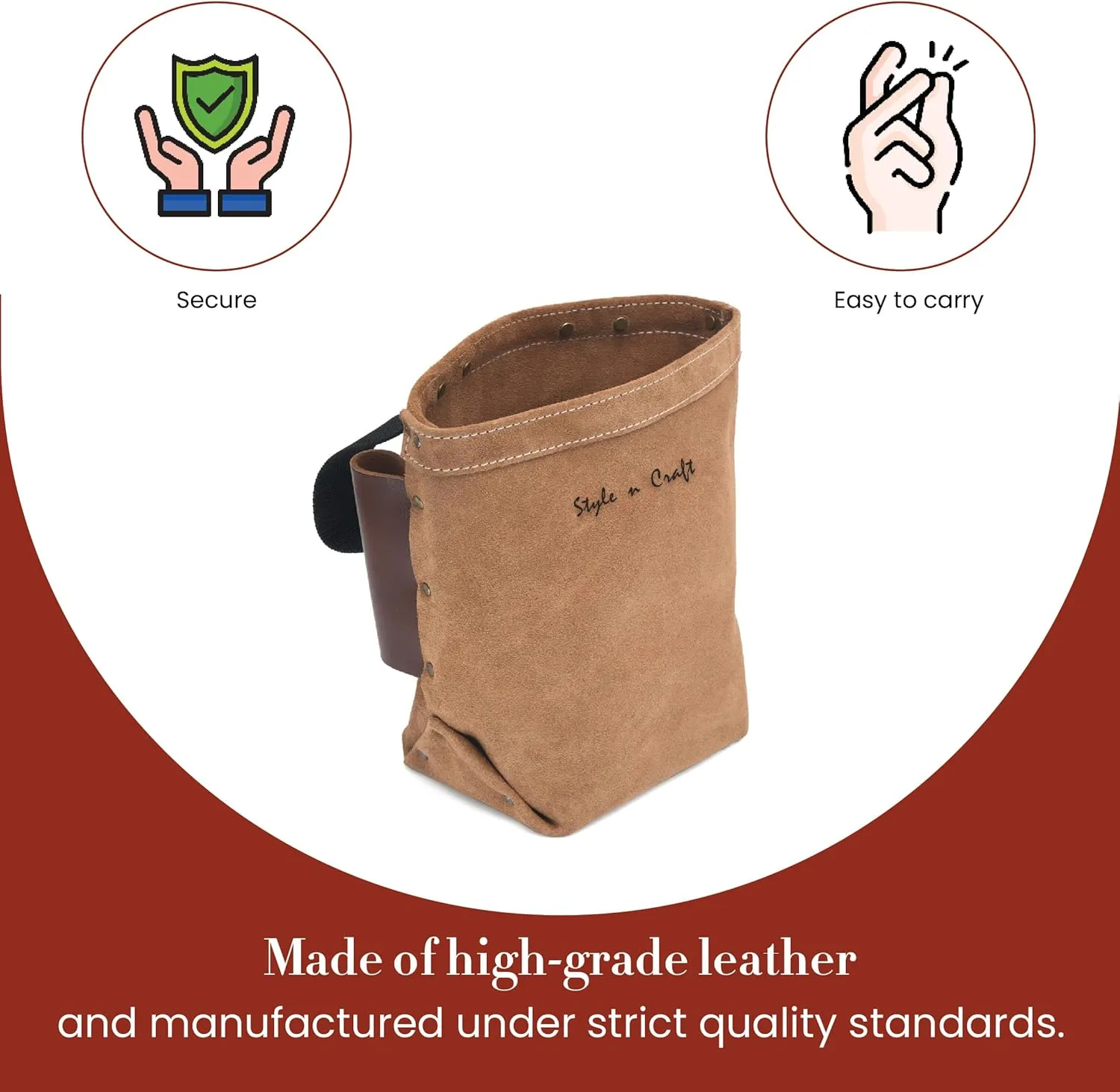 Style n Craft Iron Worker’s Bolt Bag with Double Bull Pin Leather Loops, Heavy-Duty Suede Leather Tool Bag, Dark Tan (88515)
