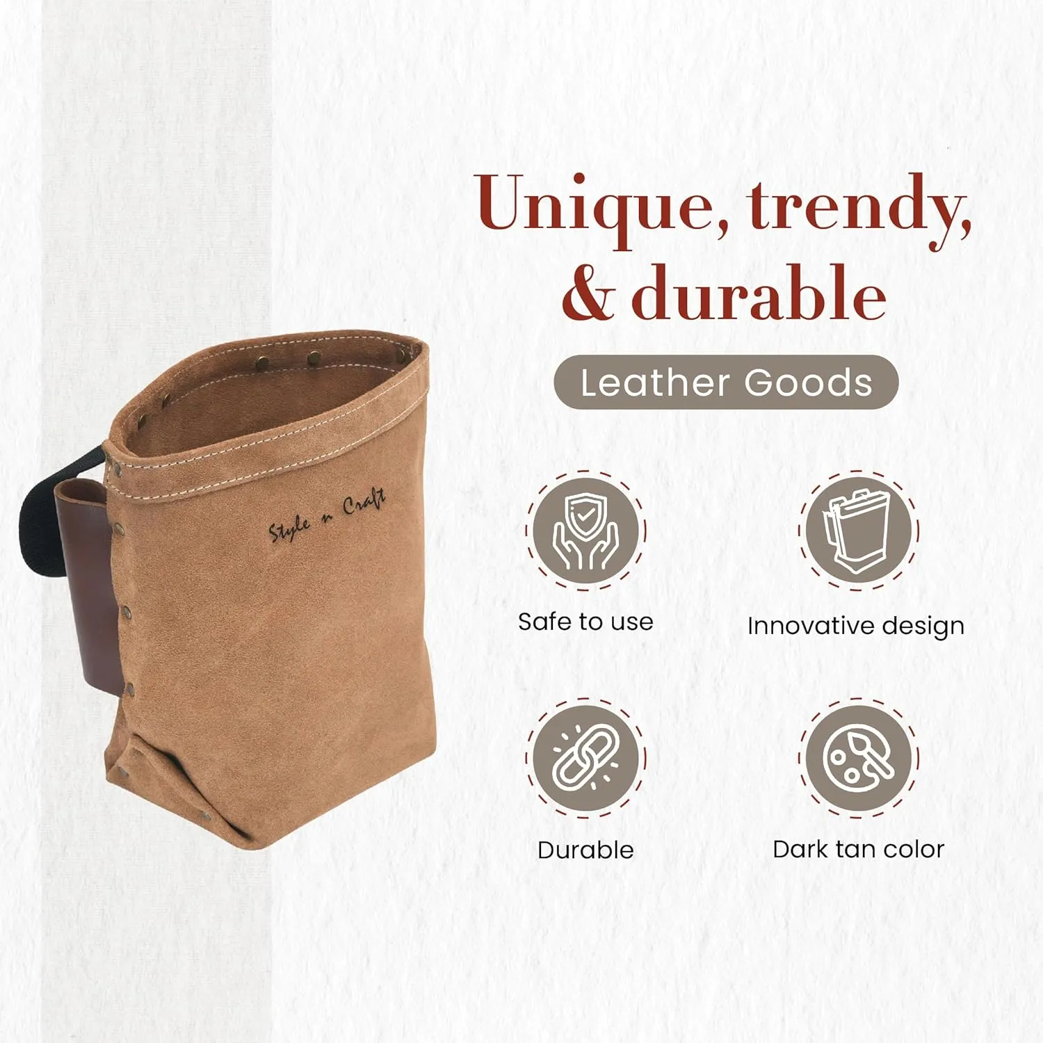 Style n Craft Iron Worker’s Bolt Bag with Double Bull Pin Leather Loops, Heavy-Duty Suede Leather Tool Bag, Dark Tan (88515)