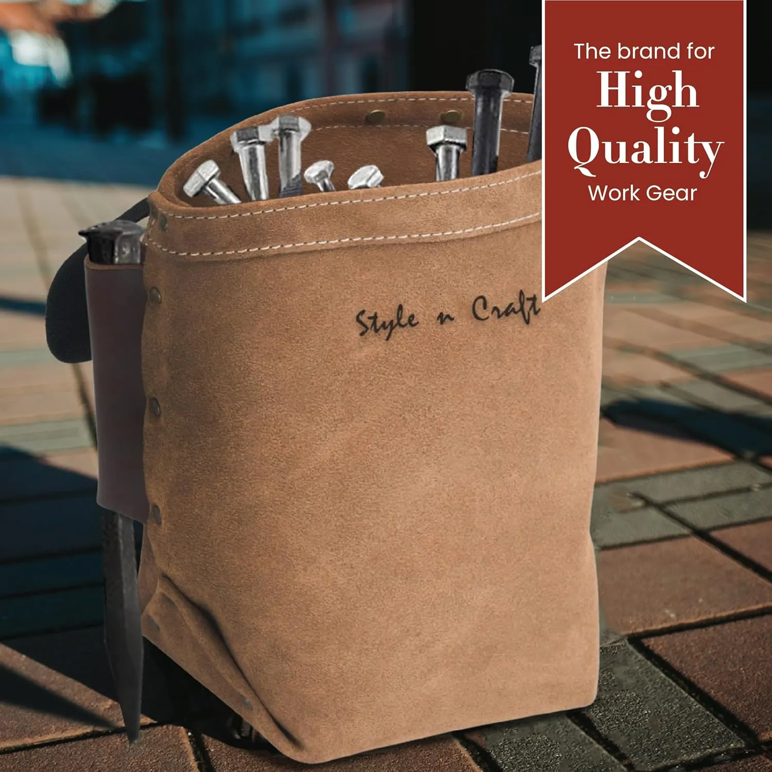 Style n Craft Iron Worker’s Bolt Bag with Double Bull Pin Leather Loops, Heavy-Duty Suede Leather Tool Bag, Dark Tan (88515)