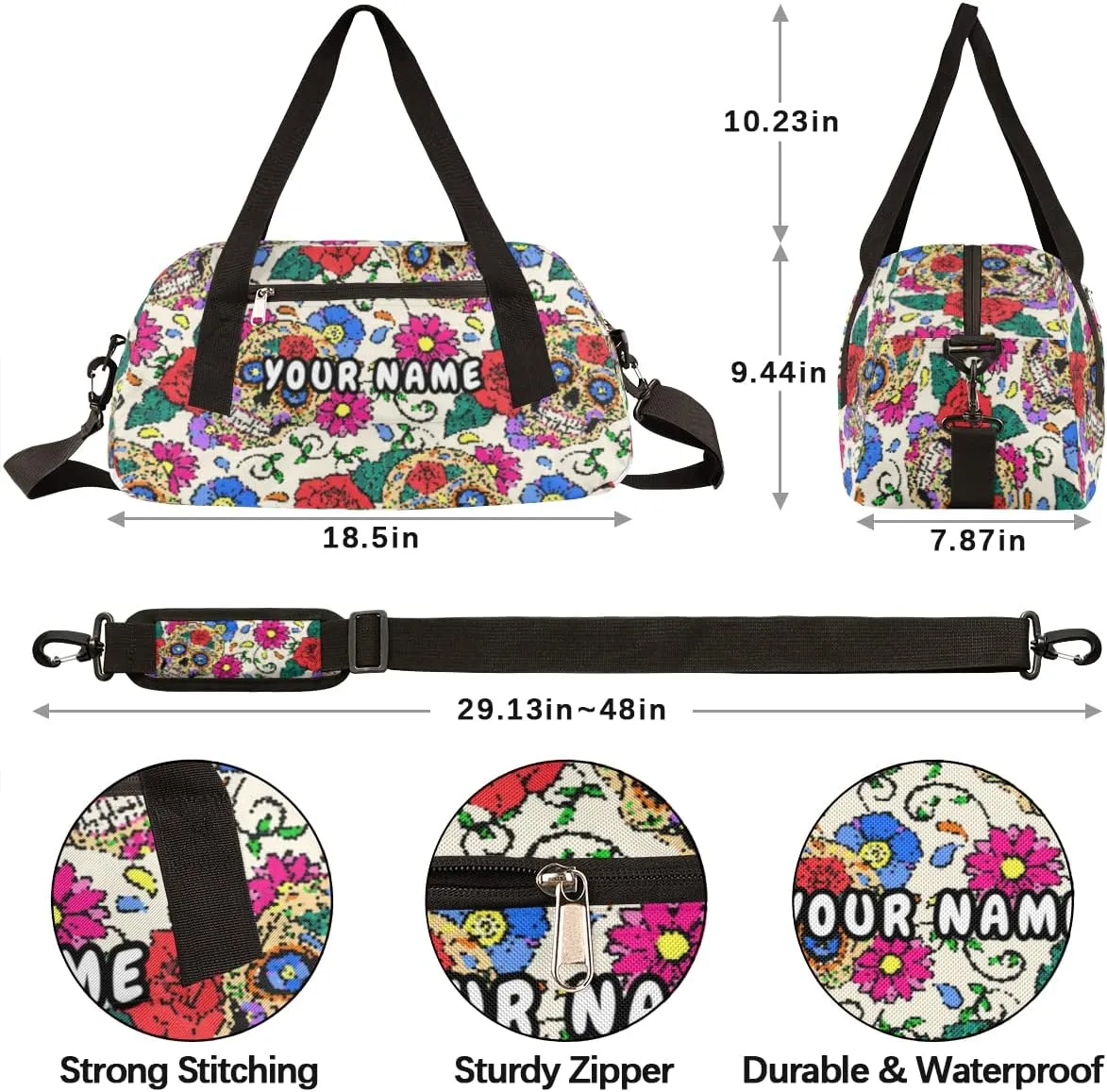 Sugar Skull Flower Personalized Kids Duffel Bag for Girls Boys, Skull Debris Custom Dance Bag Overnight Small Duffel Bag Carry On Weekend Sports Travel Bag for School Practice Gymnastics Ballet