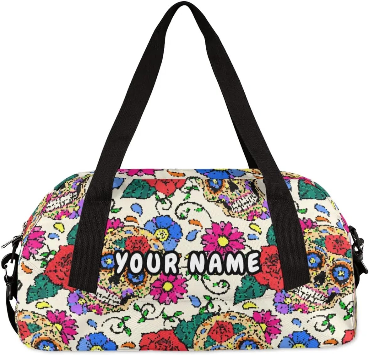 Sugar Skull Flower Personalized Kids Duffel Bag for Girls Boys, Skull Debris Custom Dance Bag Overnight Small Duffel Bag Carry On Weekend Sports Travel Bag for School Practice Gymnastics Ballet
