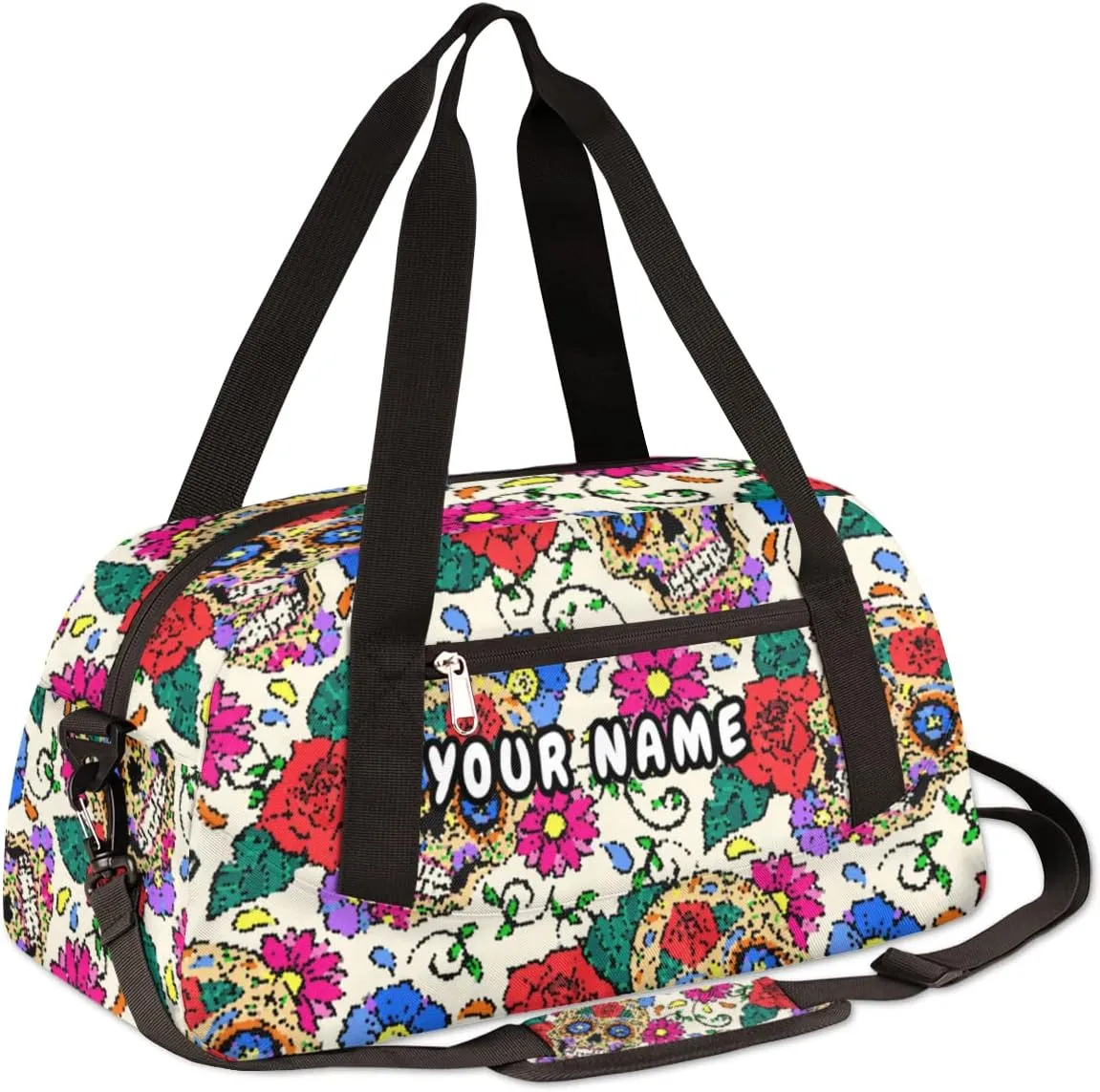Sugar Skull Flower Personalized Kids Duffel Bag for Girls Boys, Skull Debris Custom Dance Bag Overnight Small Duffel Bag Carry On Weekend Sports Travel Bag for School Practice Gymnastics Ballet