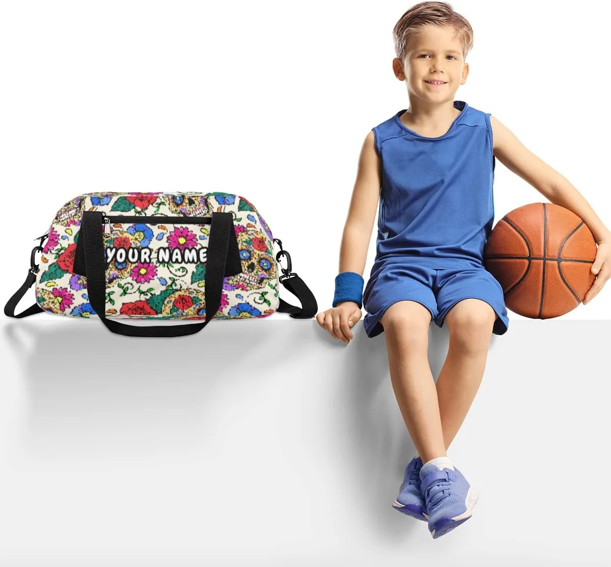 Sugar Skull Flower Personalized Kids Duffel Bag for Girls Boys, Skull Debris Custom Dance Bag Overnight Small Duffel Bag Carry On Weekend Sports Travel Bag for School Practice Gymnastics Ballet