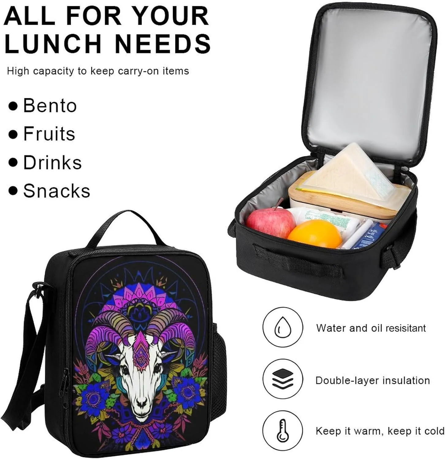 Supdreamc Adults Backpack Sets - Psychedelic Goat Skull Art Bookbag Shoulder Book Bags   Lunch Bag   Pencil Case Camping Outdoor Backpack, Gym Outdoor Bag Computer Bag