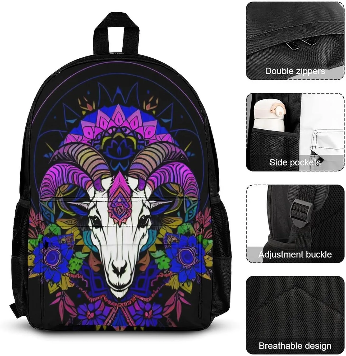 Supdreamc Adults Backpack Sets - Psychedelic Goat Skull Art Bookbag Shoulder Book Bags   Lunch Bag   Pencil Case Camping Outdoor Backpack, Gym Outdoor Bag Computer Bag