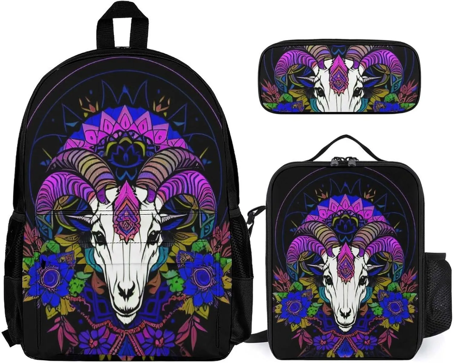 Supdreamc Adults Backpack Sets - Psychedelic Goat Skull Art Bookbag Shoulder Book Bags   Lunch Bag   Pencil Case Camping Outdoor Backpack, Gym Outdoor Bag Computer Bag