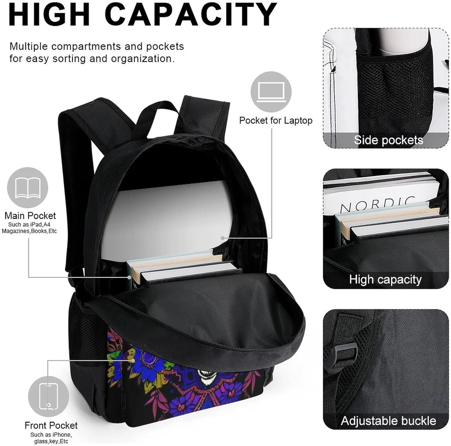 Supdreamc Adults Backpack Sets - Psychedelic Goat Skull Art Bookbag Shoulder Book Bags   Lunch Bag   Pencil Case Camping Outdoor Backpack, Gym Outdoor Bag Computer Bag