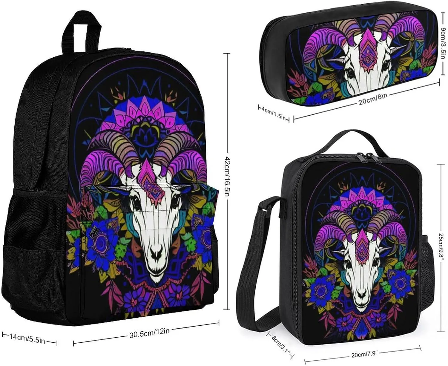 Supdreamc Adults Backpack Sets - Psychedelic Goat Skull Art Bookbag Shoulder Book Bags   Lunch Bag   Pencil Case Camping Outdoor Backpack, Gym Outdoor Bag Computer Bag