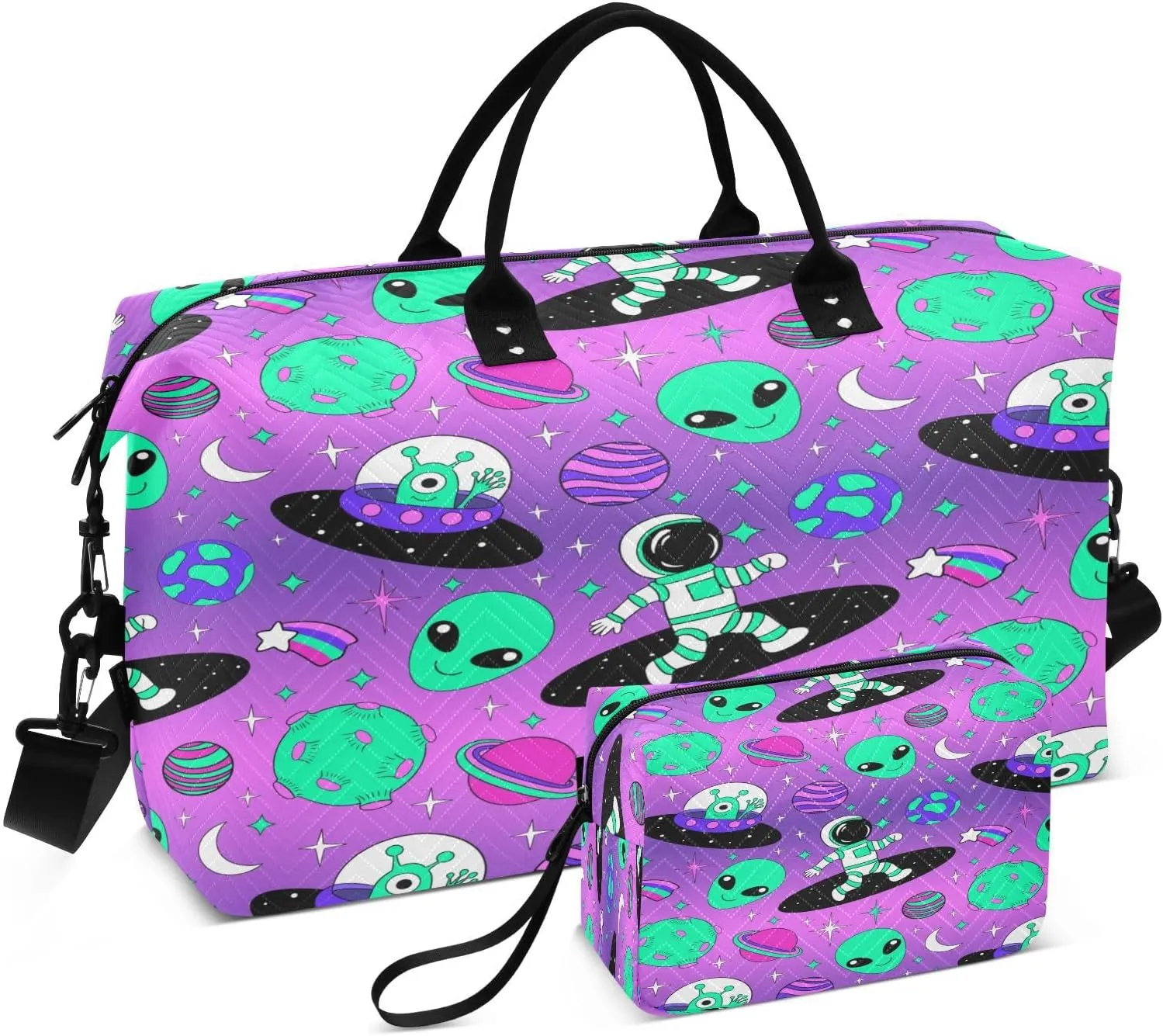susiyo Alien in Space Cartoon Expandable Travel Duffle Bag, Large Weekender Overnight Bags and Adjustable Strap, Carry On Shoulder Tote Bag, Gym Duffel Bag with Toiletry Bags for Hospital
