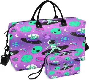 susiyo Alien in Space Cartoon Expandable Travel Duffle Bag, Large Weekender Overnight Bags and Adjustable Strap, Carry On Shoulder Tote Bag, Gym Duffel Bag with Toiletry Bags for Hospital