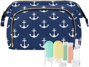 susiyo Nautical Theme Anchor Blue Cosmetic Bag with Travel Bottle Set Large Wide Open Quilted Make Up Bags Travel Kit