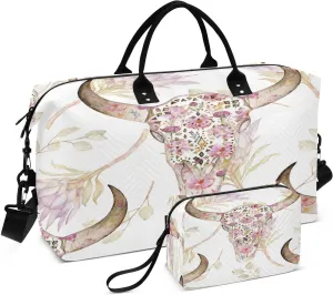 susiyo Ox Horn Floral Expandable Travel Duffle Bag, Large Weekender Overnight Bags and Adjustable Strap, Carry On Shoulder Tote Bag, Gym Duffel Bag with Toiletry Bags for Hospital