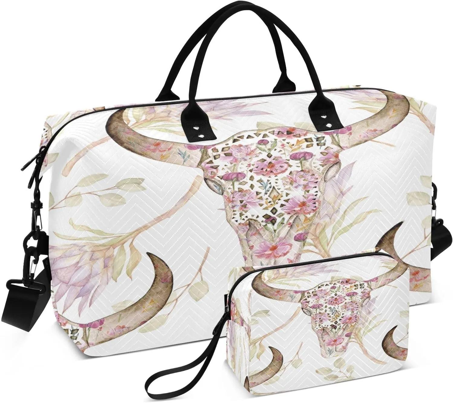 susiyo Ox Horn Floral Expandable Travel Duffle Bag, Large Weekender Overnight Bags and Adjustable Strap, Carry On Shoulder Tote Bag, Gym Duffel Bag with Toiletry Bags for Hospital