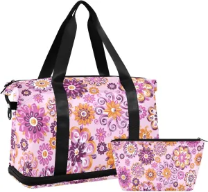 susiyo Travel Duffel Bags for Women, Vintage Turkish Style Flowers Sports Duffel Bags Gym Bags with Shoes Compartment, Tote Bag Weekender Bag for Travelling